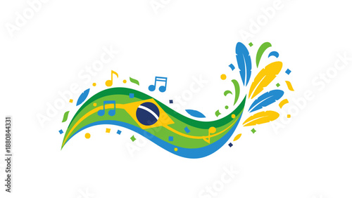 Vibrant abstract illustration of a stylized wave with colorful musical notes and dots on a white background with a lively and festive mood.