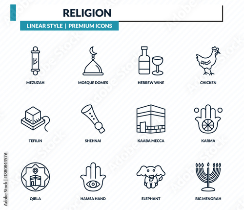 religion icons set - mezuzah, mosque domes, hebrew wine, karma, big menorah outline vector collection.