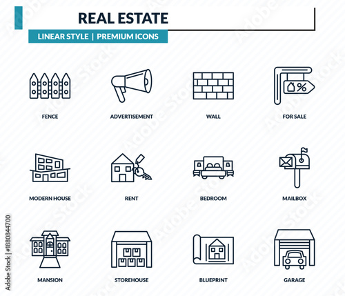 real estate icons set - fence, advertisement, wall, mailbox, garage outline vector collection.