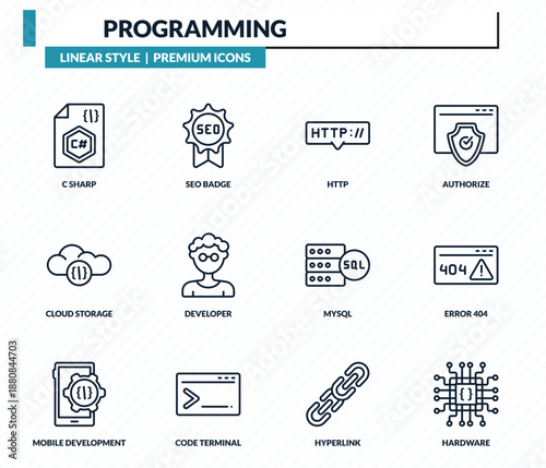 programming icons set - c sharp, seo badge, http, error 404, hardware outline vector collection.