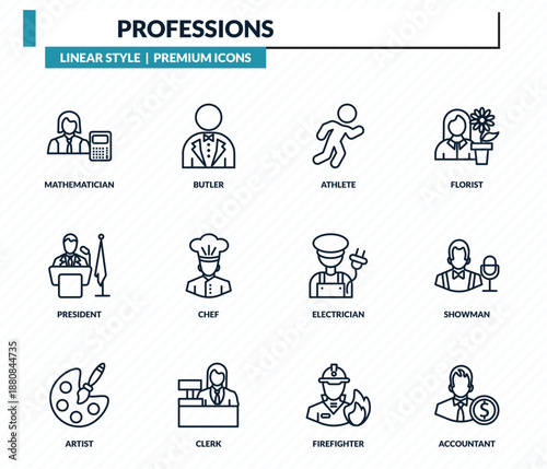 professions icons set - mathematician, butler, athlete, showman, accountant outline vector collection.