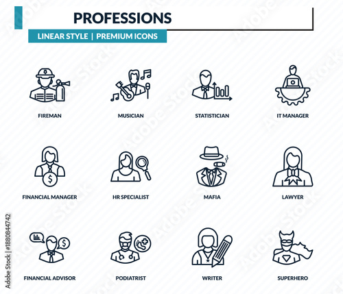 professions icons set - fireman, musician, statistician, lawyer, superhero outline vector collection.
