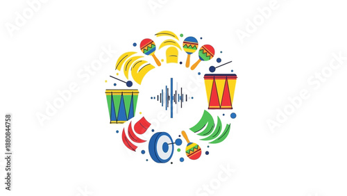 Vibrant circular graphic illustration of various food items and drink cups arranged around a central sound wave symbol on a white background with a playful and lively mood.