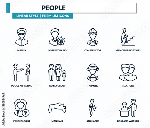 people icons set - matrix, layer working, constructor, relations, boss and worker outline vector collection.