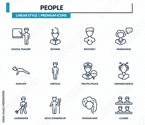 people icons set - school teacher, rethink, recovery, japanese geisha, classes outline vector collection.