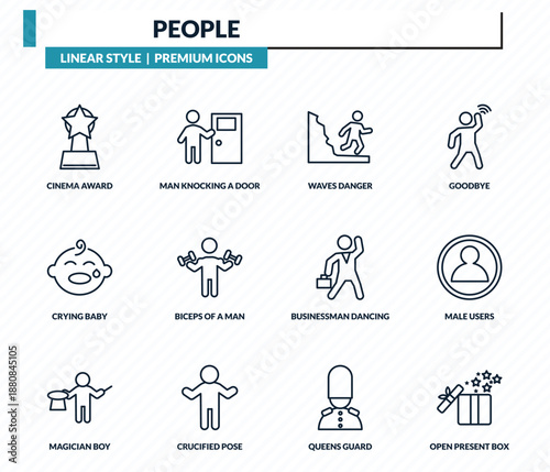 people icons set - cinema award, man knocking a door, waves danger, male users, open present box outline vector collection.