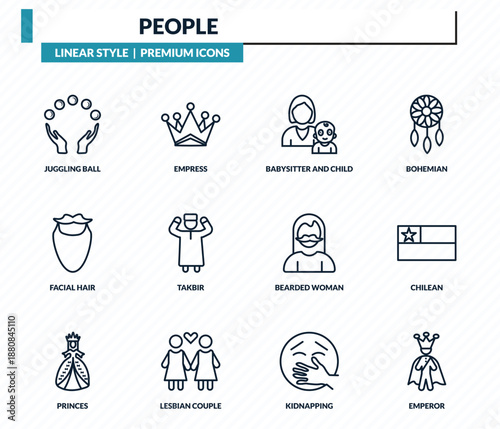people icons set - juggling ball, empress, babysitter and child, chilean, emperor outline vector collection.