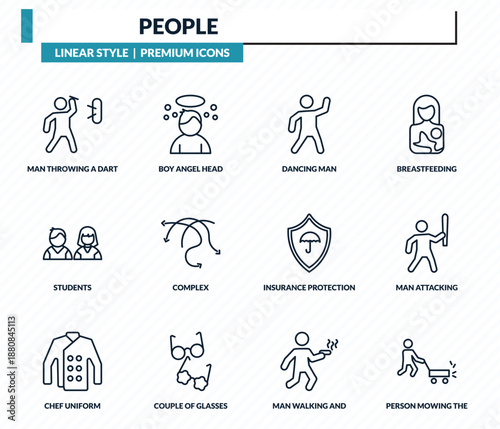 people icons set - man throwing a dart, boy angel head, dancing man, man attacking, person mowing the grass outline vector collection.