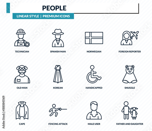 people icons set - technician, spanish man, norwegian, snuggle, father and daughter outline vector collection.