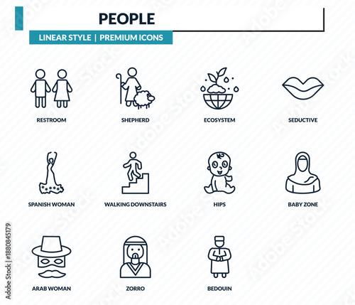 people icons set - restroom, shepherd, ecosystem, baby zone, qiyam outline vector collection.