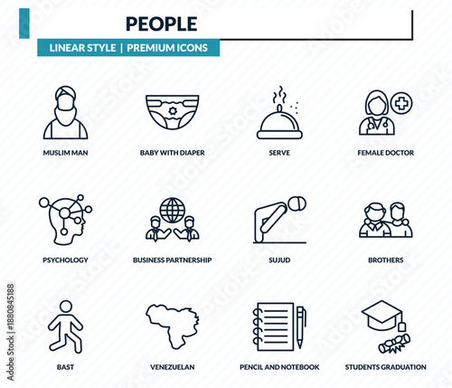 people icons set - muslim man, baby with diaper, serve, brothers, students graduation hat outline vector collection.