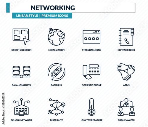 networking icons set - group selection, localization, stars balloons, arms, group avatar outline vector collection.