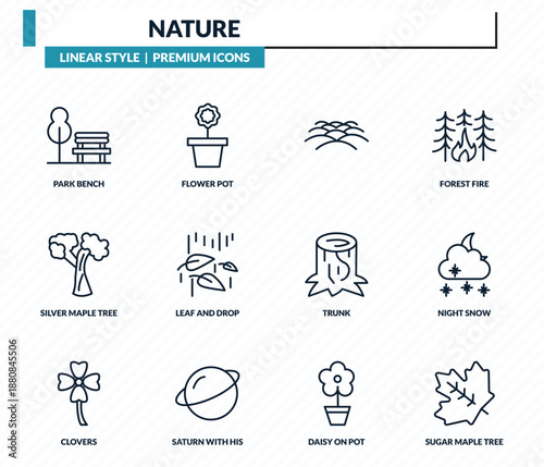 nature icons set - park bench, flower pot, , night snow, sugar maple tree outline vector collection.