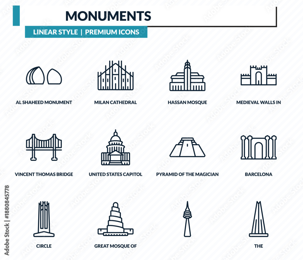 Obraz premium monuments icons set - al shaheed monument, milan cathedral, hassan mosque, barcelona, the outline vector collection.