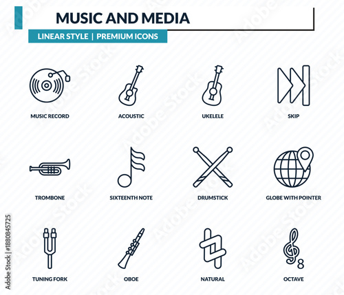 music and media icons set - music record, acoustic, ukelele, globe with pointer, octave outline vector collection.
