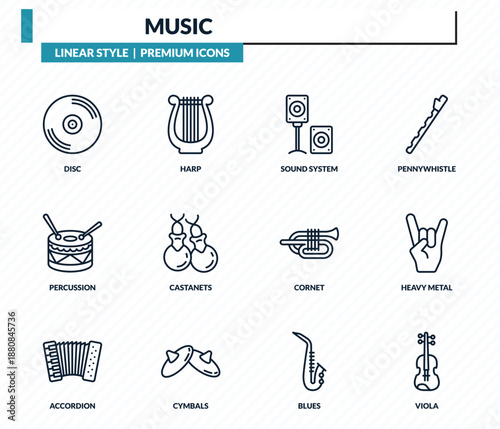 music icons set - disc, harp, sound system, heavy metal, viola outline vector collection.