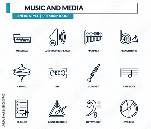 music and media icons set - melodica, low volume speaker, marimba, half note, dvd disc outline vector collection.