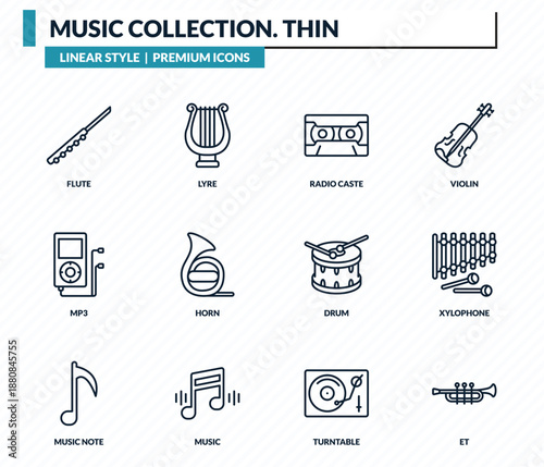 music collection. thin icons set - flute, lyre, radio caste, xylophone, et outline vector collection.