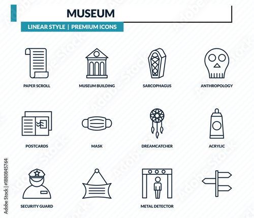 museum icons set - paper scroll, museum building, sarcophagus, acrylic, outline vector collection.
