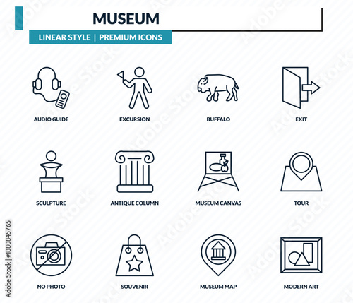 museum icons set - audio guide, excursion, buffalo, tour, modern art outline vector collection.