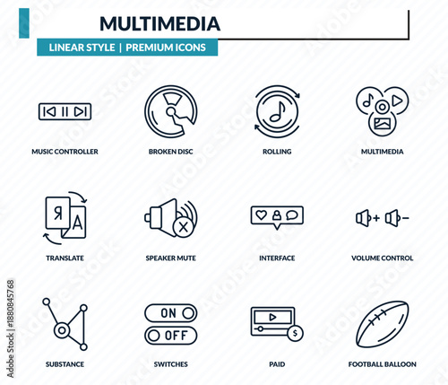 multimedia icons set - music controller, broken disc, rolling, volume control, football balloon outline vector collection.