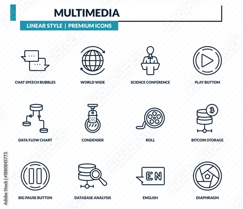multimedia icons set - chat speech bubbles, world wide, science conference, bitcoin storage, diaphragm outline vector collection.