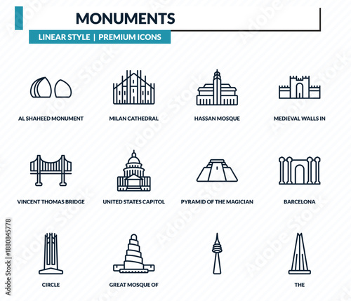 monuments icons set - al shaheed monument, milan cathedral, hassan mosque, barcelona, the outline vector collection.