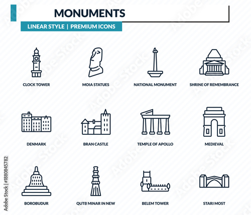 monuments icons set - clock tower, moia statues, national monument monas, medieval, stari most outline vector collection.
