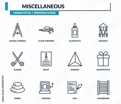 miscellaneous icons set - school compass, flame thrower, glue bottle, wrapped gift, washboard outline vector collection.