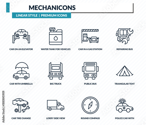 mechanicons icons set - car on an elevator, water tank for vehicles, car in a gas station, triangular tent, police car with lights outline vector collection.
