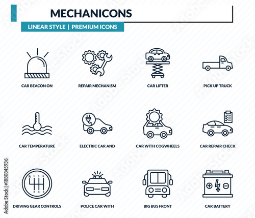 mechanicons icons set - car beacon on, repair mechanism, car lifter, car repair check, battery outline vector collection.