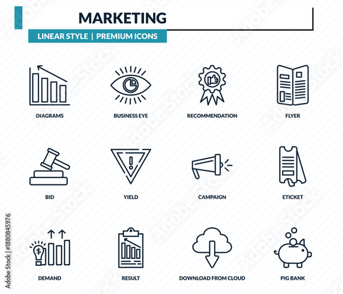 marketing icons set - diagrams, business eye, recommendation, eticket, pig bank outline vector collection.