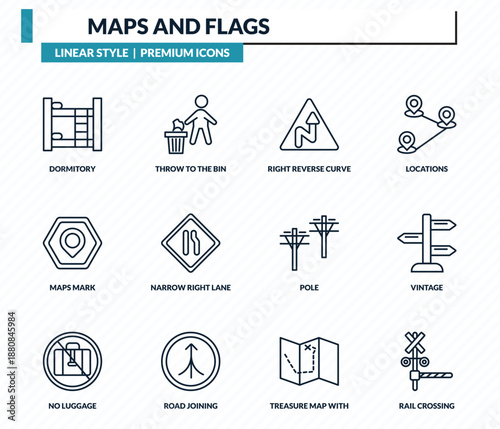 maps and flags icons set - dormitory, throw to the bin, right reverse curve, vintage, rail crossing outline vector collection.