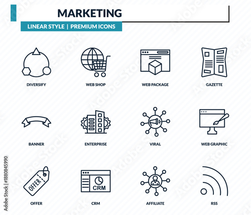 marketing icons set - diversify, web shop, web package, web graphic, rss outline vector collection.