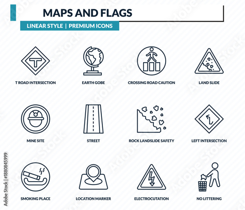 maps and flags icons set - t road intersection, earth gobe, crossing road caution, left intersection, no littering outline vector collection.