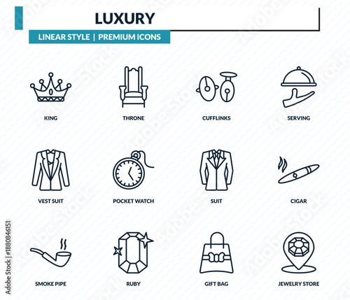 luxury icons set - king, throne, cufflinks, cigar, jewelry store outline vector collection.