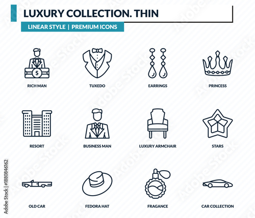 luxury collection. thin icons set - rich man, tuxedo, earrings, stars, car collection outline vector collection.