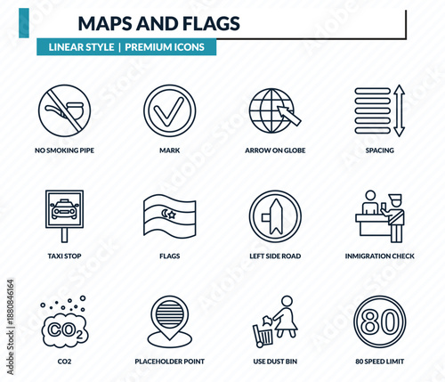 maps and flags icons set - no smoking pipe, mark, arrow on globe, inmigration check point, 80 speed limit outline vector collection.