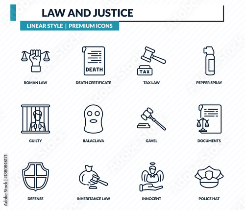 law and justice icons set - roman law, death certificate, tax law, documents, police hat outline vector collection.