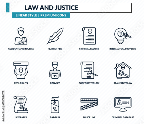 law and justice icons set - accident and injuries, feather pen, criminal record, real estate law, criminal database outline vector collection.