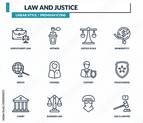 law and justice icons set - employment law, witness, justice scale, police badge, ask a lawyer outline vector collection.