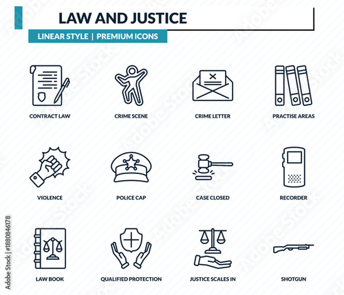 law and justice icons set - contract law, crime scene, crime letter, recorder, shotgun outline vector collection.