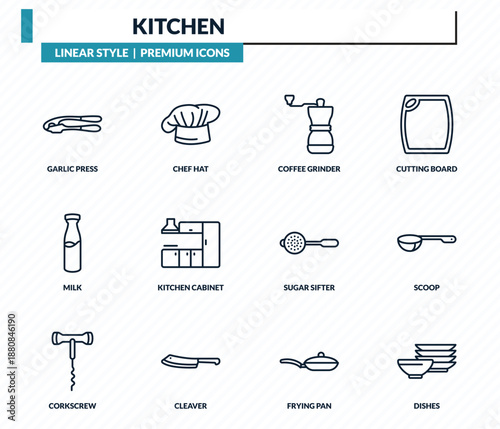 kitchen icons set - garlic press, chef hat, coffee grinder, scoop, dishes outline vector collection.