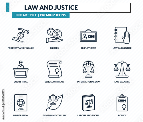 law and justice icons set - property and finance, bribery, employment, law balance, policy outline vector collection.