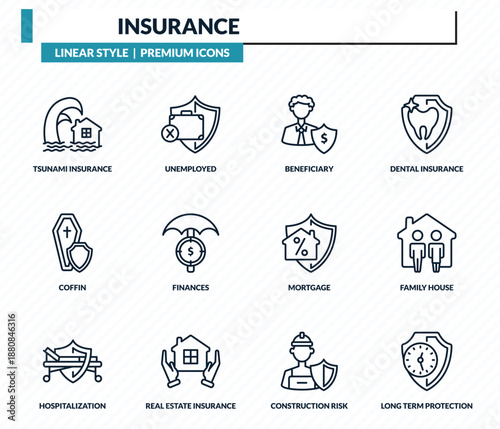 insurance icons set - tsunami insurance, unemployed, beneficiary, family house, long term protection outline vector collection.