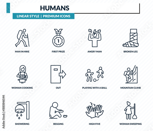 humans icons set - man in hike, first prize, angry man, mountain climb, woman sweeping outline vector collection.