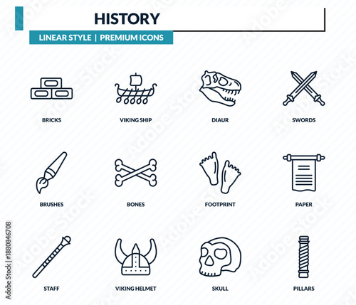 history icons set - bricks, viking ship, diaur, paper, pillars outline vector collection.