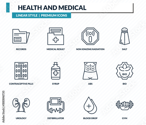 health and medical icons set - records, medical result, non ionizing radiation, bio, gym outline vector collection.