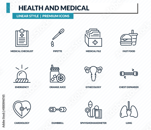 health and medical icons set - medical checklist, pipette, medical file, chest expander, lung outline vector collection.