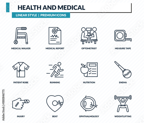 health and medical icons set - medical walker, medical report, optometrist, enema, weightlifting outline vector collection.